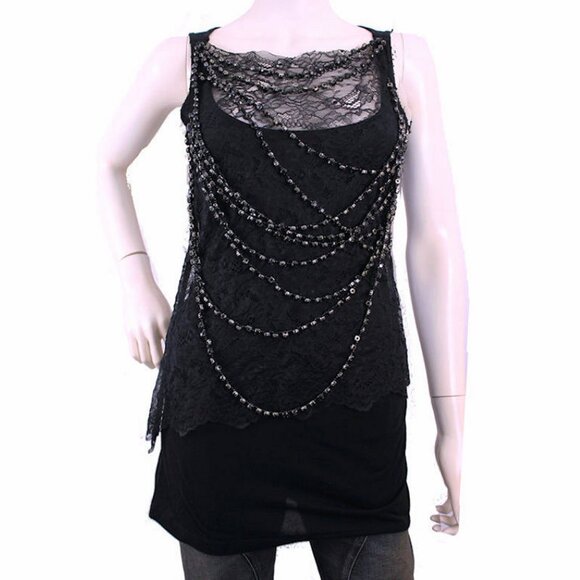 Vintage GIVENCHY Paris Black Lace Top Embellished w/Gunmetal Beads 2008 Fall - Picture 1 of 14
